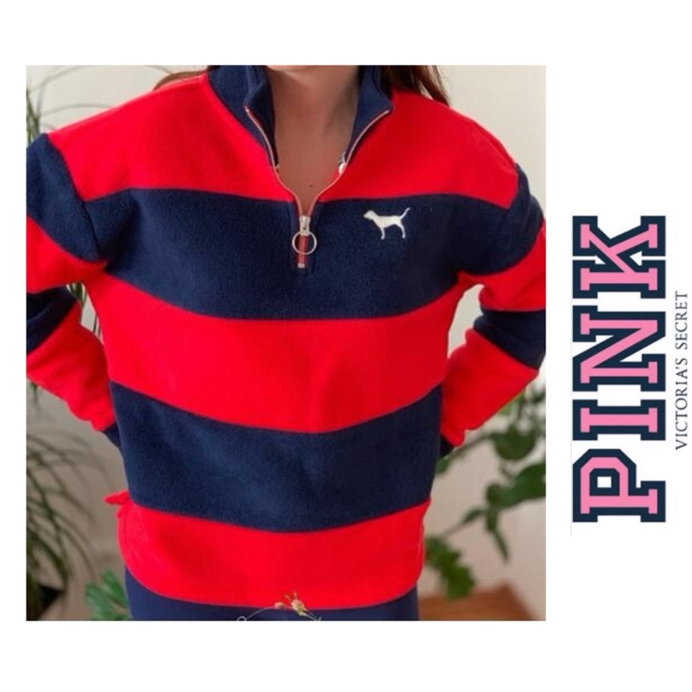 PINK Victoria’s Secret Red & Navy Striped‎ 1/4 Zip Polar Fleece Pullover - 6030